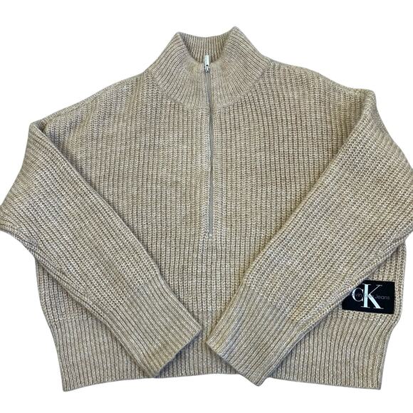 Calvin Klein Sz S Oversized Chunky Knit Boxy Sweater Mock Neck 1/2 Zip Cropped - Picture 2 of 16